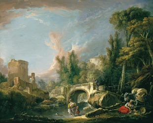 Paysage fluvial avec ruine et pont